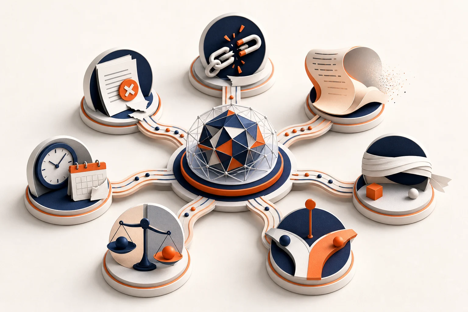 Seven checkpoints around an AI system representing hallucination, reasoning, context, grounding, judgment, bias, and stale knowledge