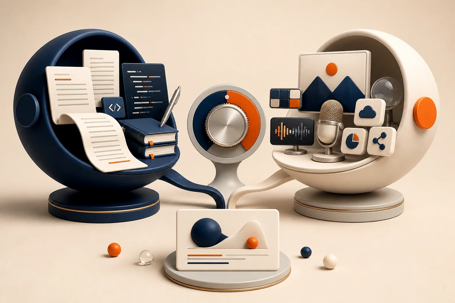 Two abstract AI workspaces connected to a decision dial and a completed-work card