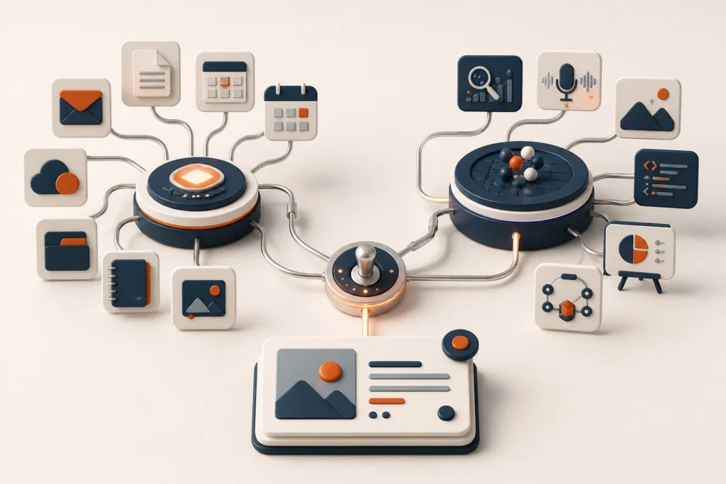 Two connected AI work ecosystems routing through a decision switch into a finished deliverable