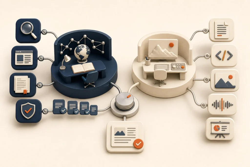 A research station and a creation workspace connected through a switch into one verified deliverable