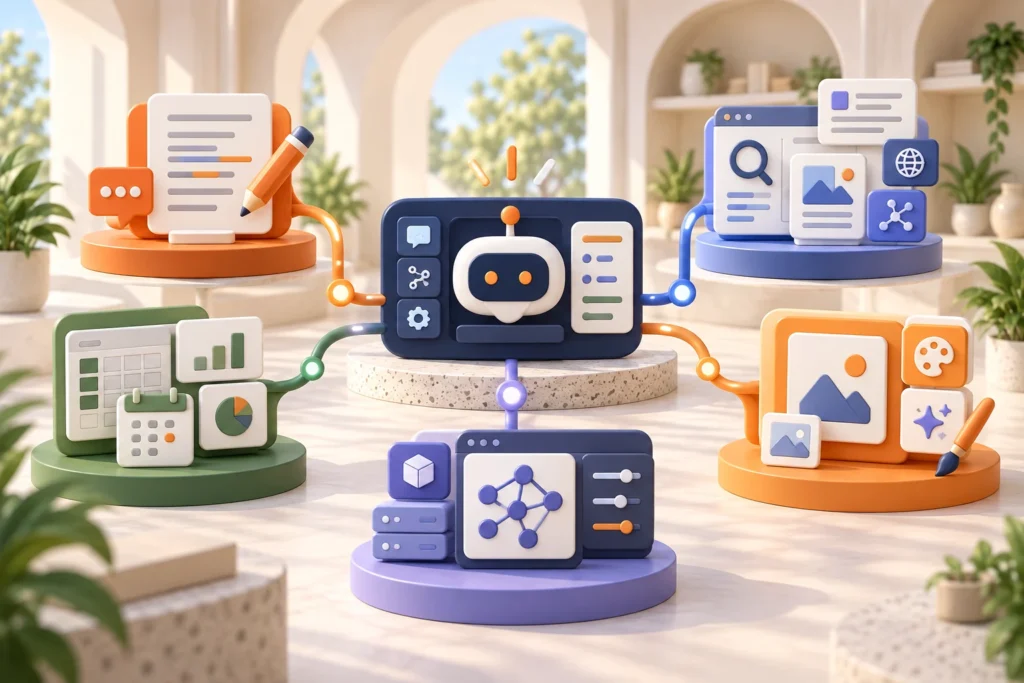 A central AI decision hub connects to specialist workstations for writing, research, productivity, creative work and open models