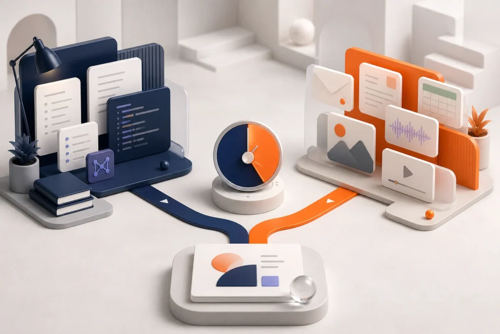 Two complementary AI workspaces connected through a decision dial into one finished deliverable