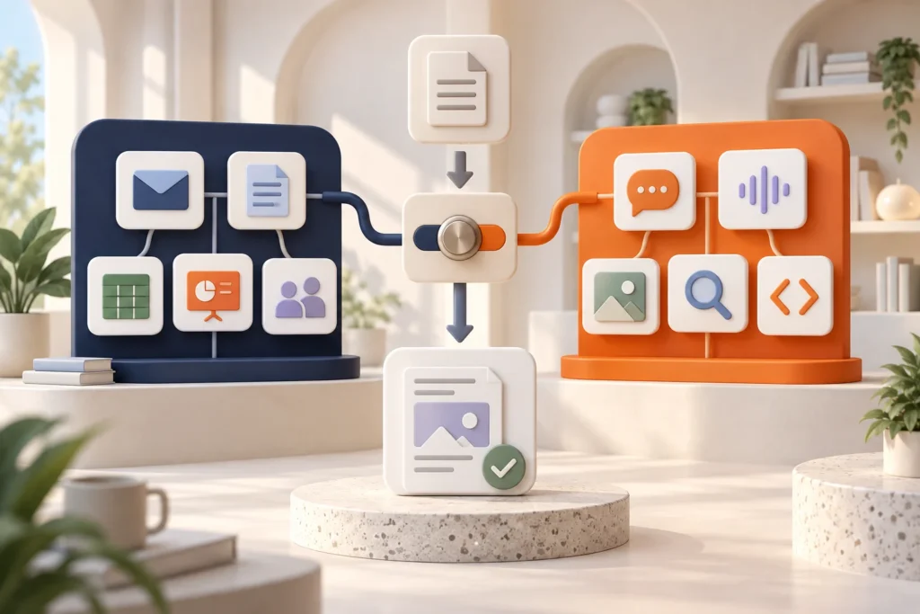 An embedded office productivity system and an open AI workspace connected through a decision switch into one finished deliverable