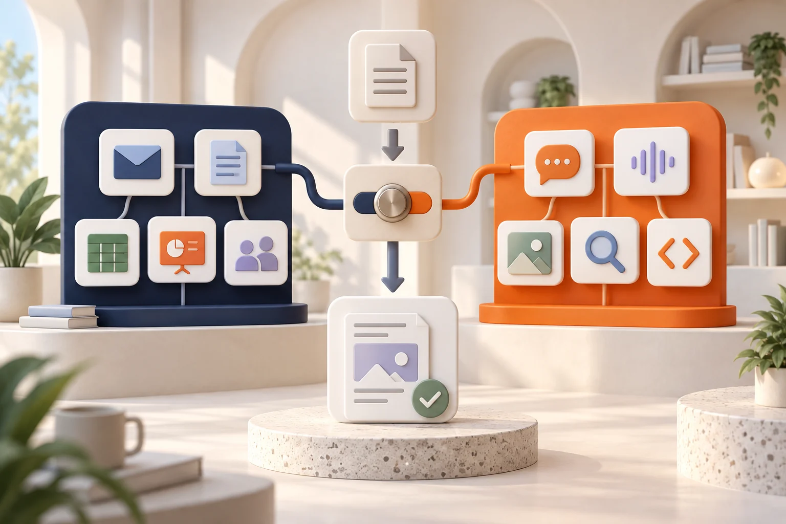 An embedded office productivity system and an open AI workspace connected through a decision switch into one finished deliverable