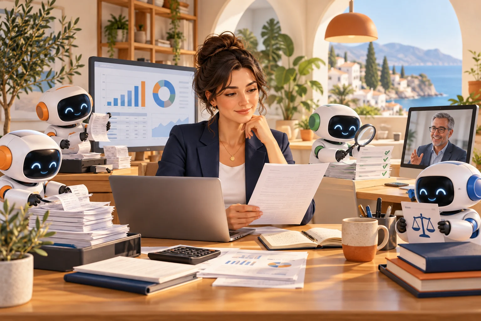 An accountant reviews financial evidence while AI assistants handle repetitive bookkeeping tasks