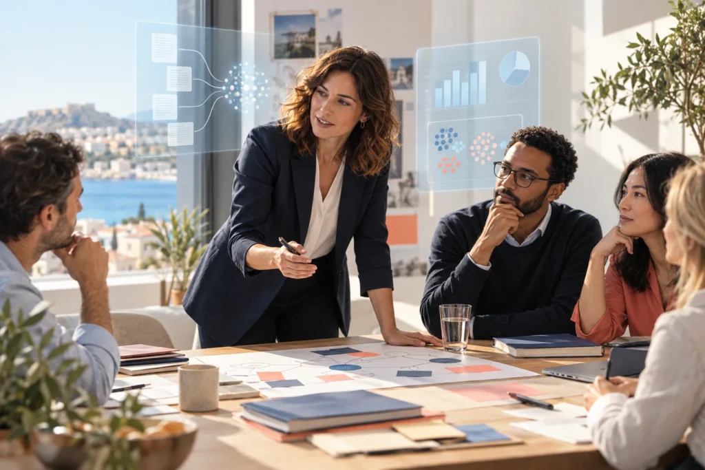 A strategy consultant leads a client workshop while AI systems help synthesize documents and evidence