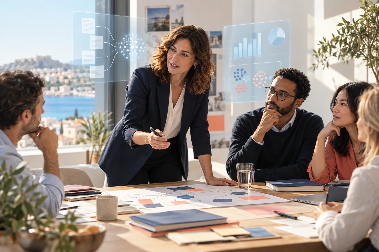 A strategy consultant leads a client workshop while AI systems help synthesize documents and evidence