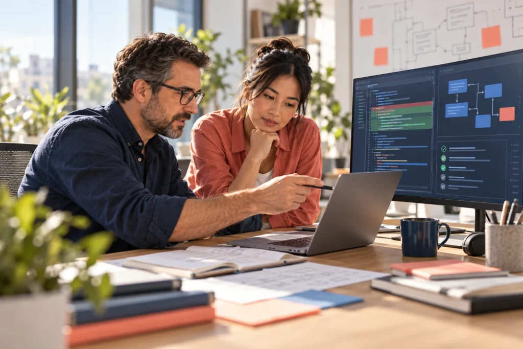 Two software engineers review AI-assisted code, tests and system architecture together